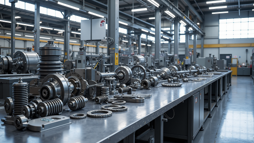 Industrial metal components and custom fabricated parts in manufacturing workshop