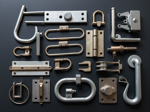 Decorative metal pieces including ornamental railings, gates and architectural elements in workshop environment